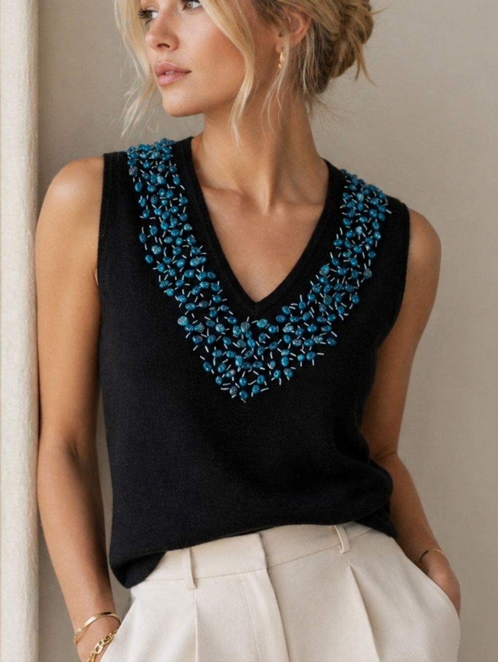 Double D Ranch Beaded Linen Knit Tank Top Turquoise Western XS